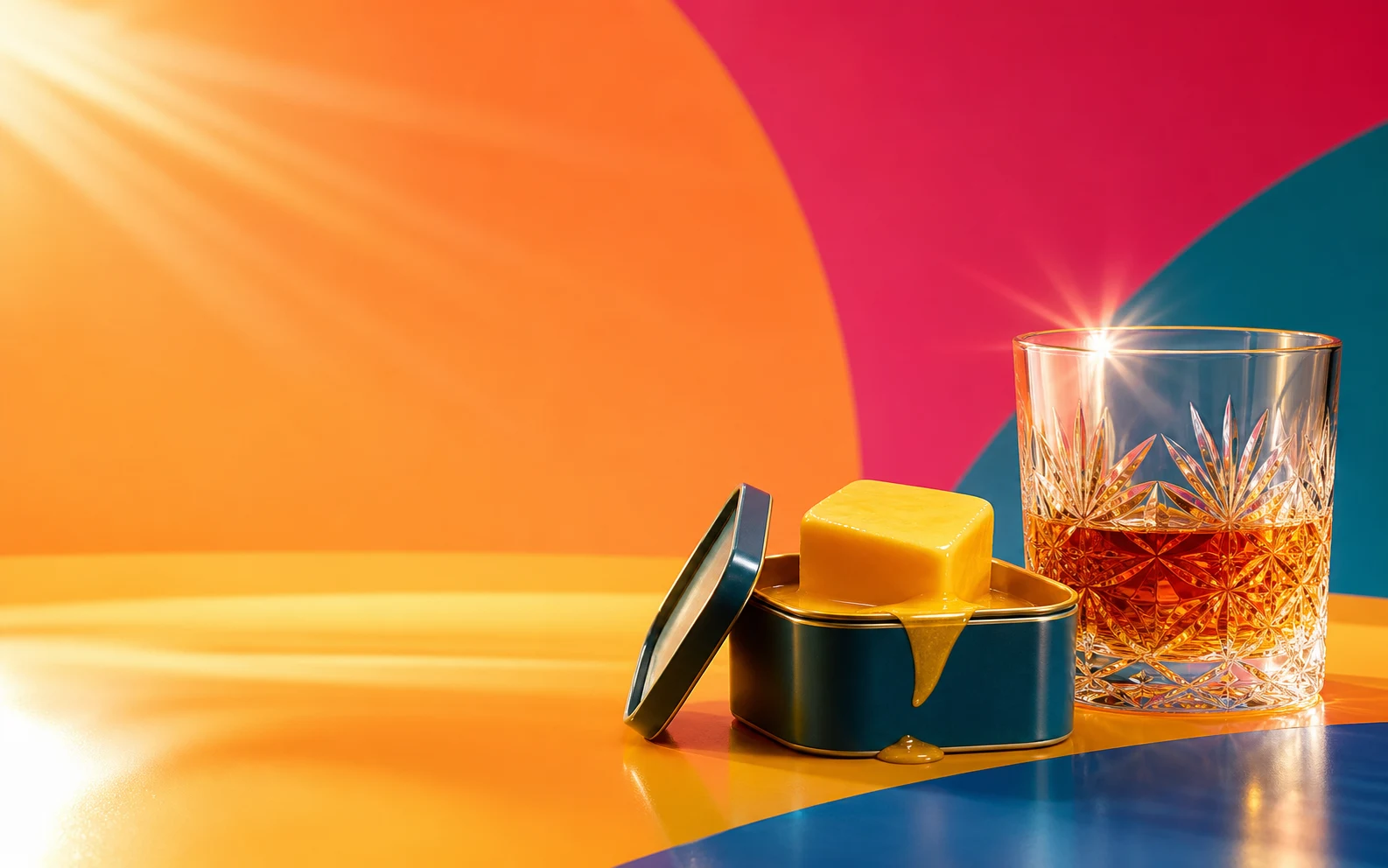 A golden butter cube in a colorful tub beside a crystal glass of scotch