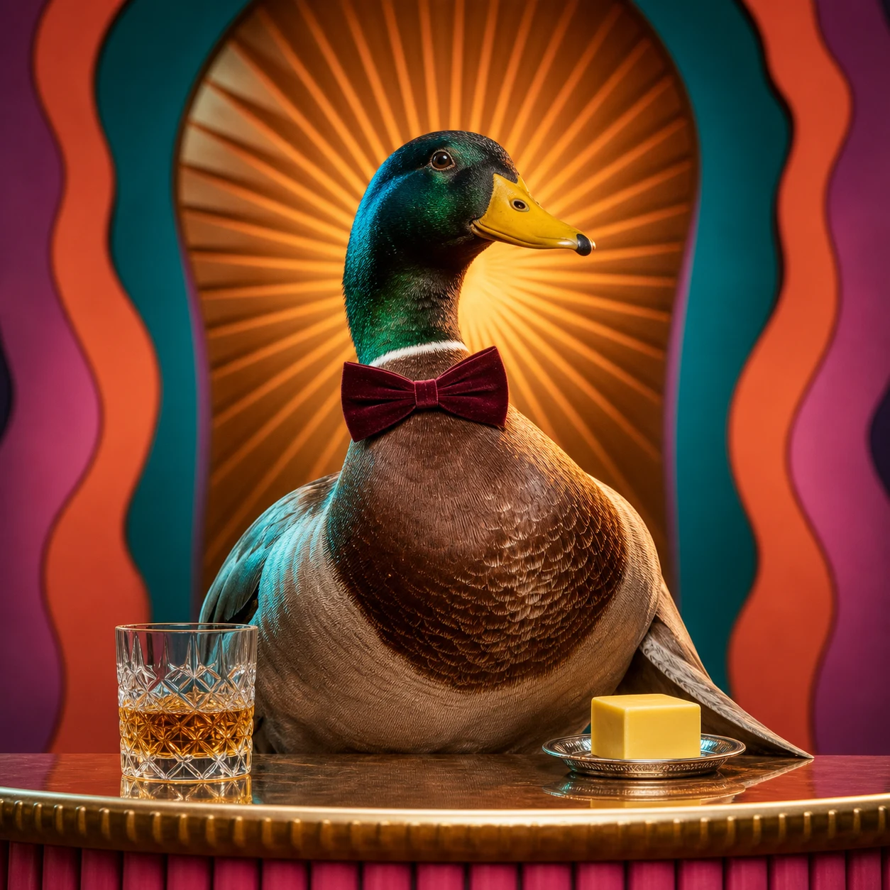 A majestic mallard in a velvet bow tie poses beside scotch and butter