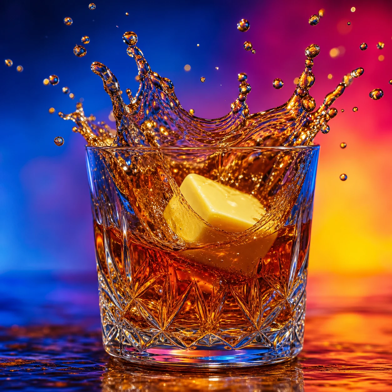 A butter pat creating a spectacular golden splash as it lands in scotch