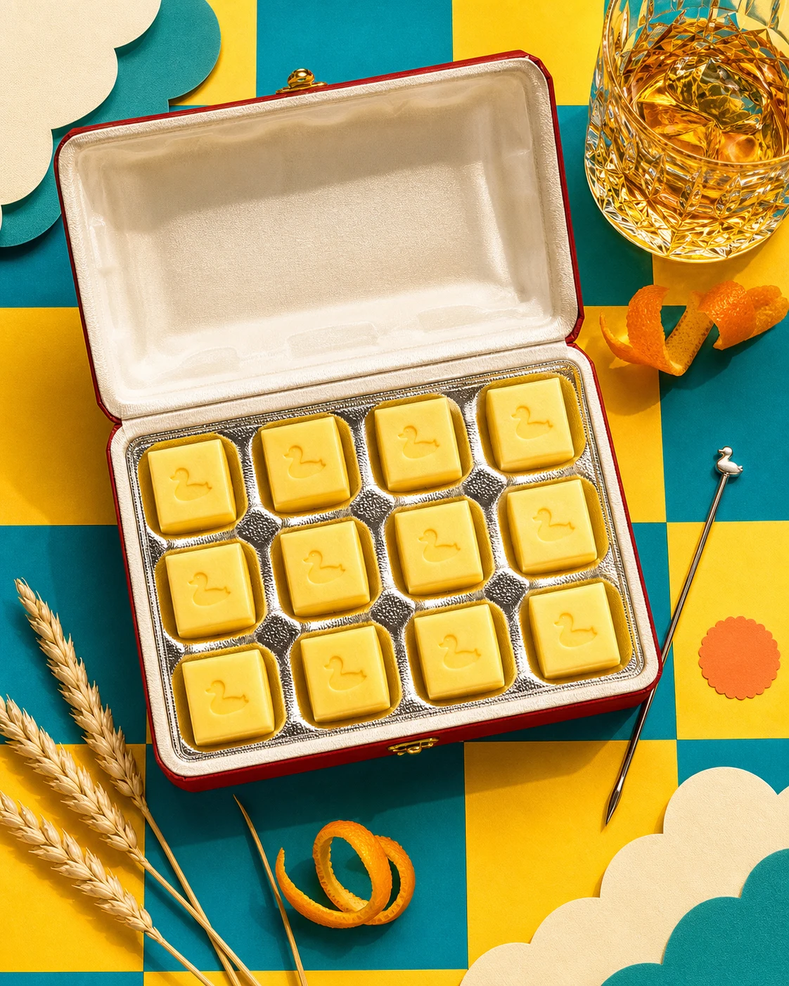 Twelve duck-stamped butter pats in a jewel box with scotch, barley, and orange peel